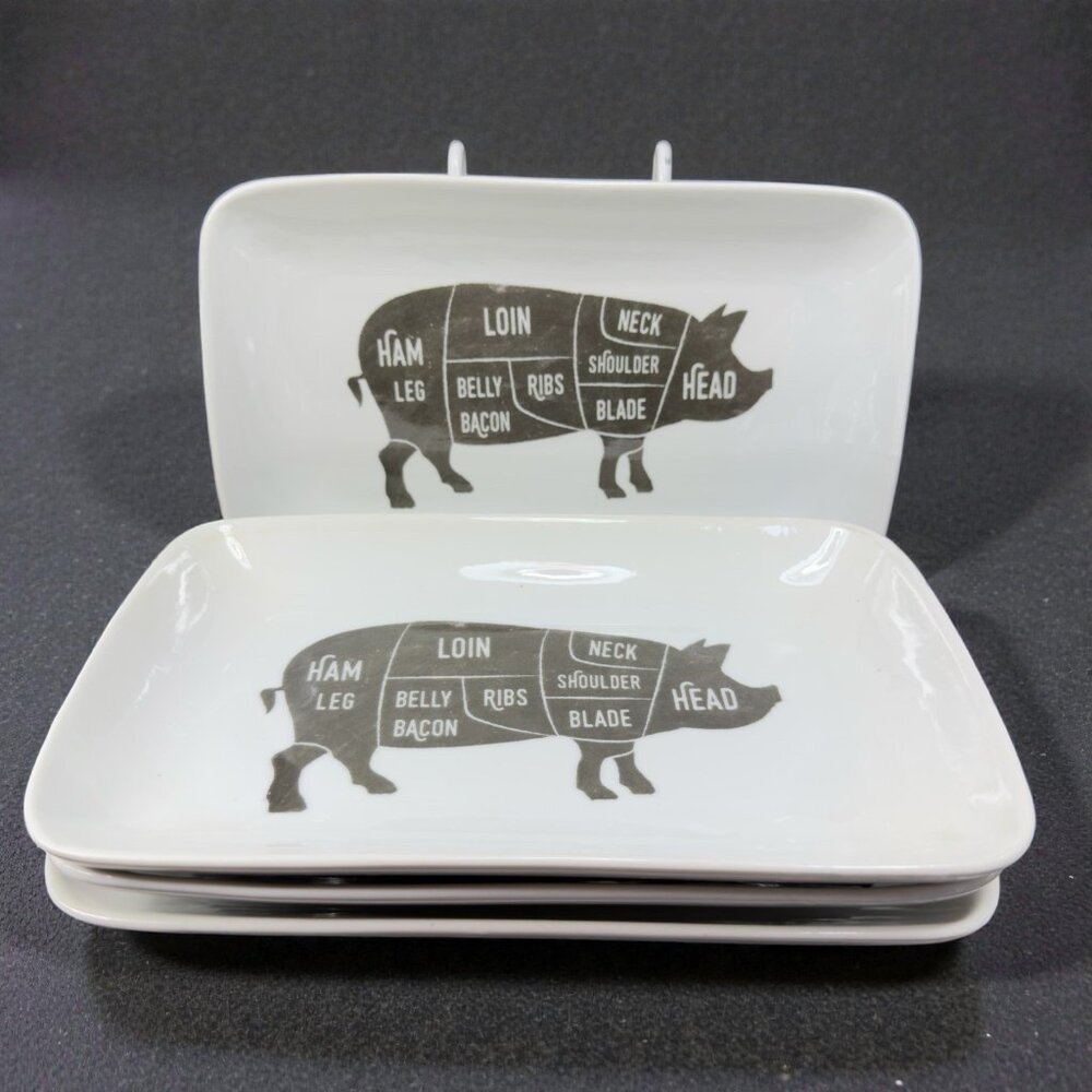 MSRF Design Studio Rectangular Pig‎ Animal Butcher Diagram Dish Plate Set 4 VTG